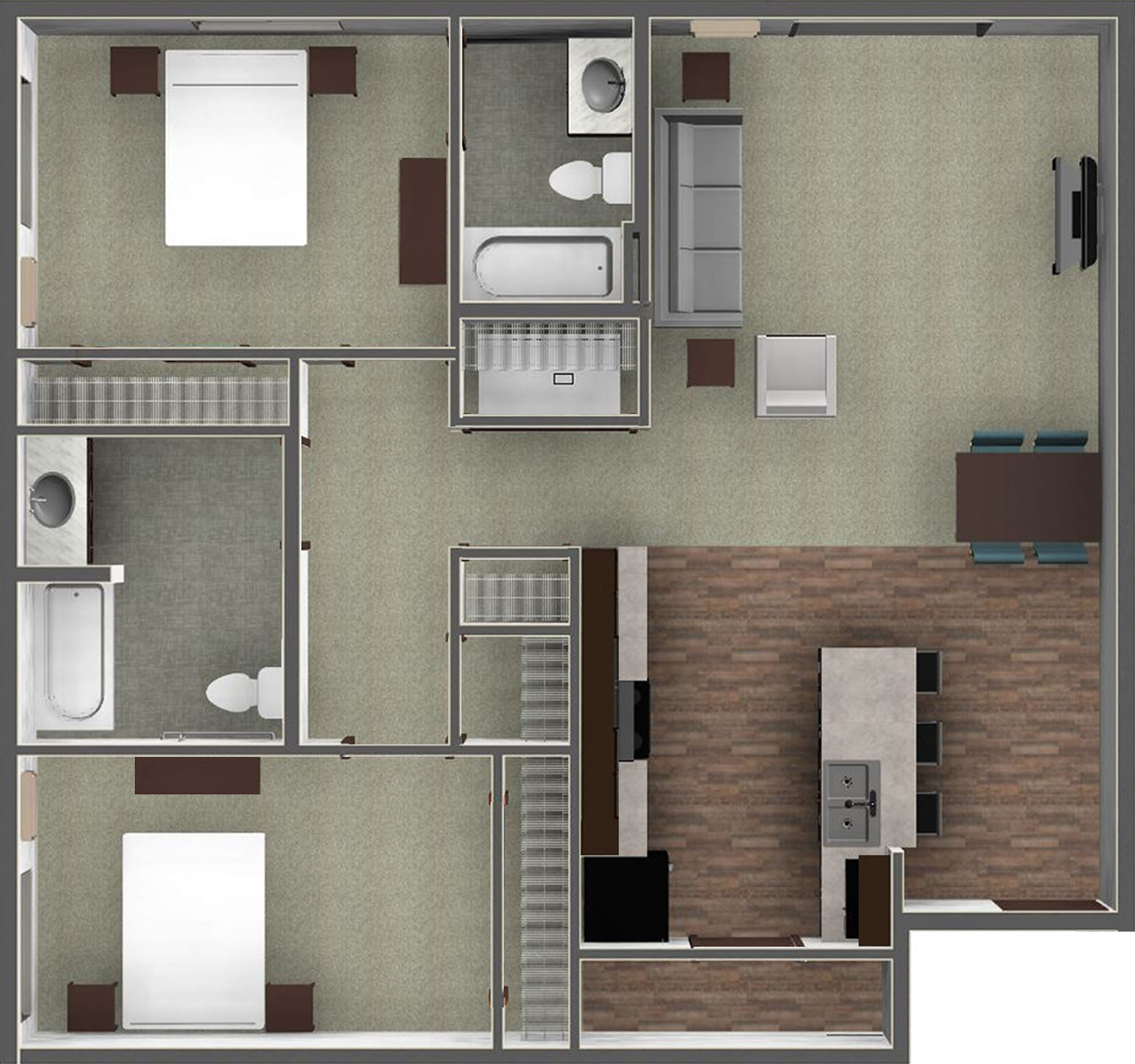 Floor plan for 2 beds, 2 baths, 1139 sqft